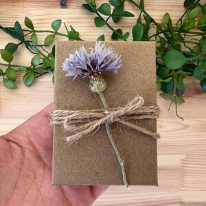 May include: A small, brown gift box tied with twine and a bow, decorated with a delicate, dried purple flower. The box is held in a hand, with green foliage and a wooden surface in the background.