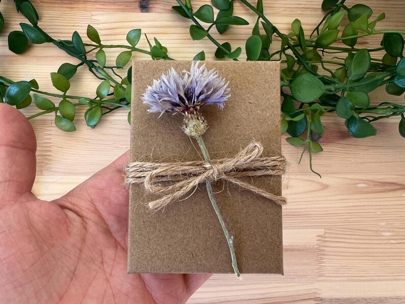 May include: A small, brown gift box tied with twine and a bow, decorated with a delicate, dried purple flower. The box is held in a hand, with green foliage and a wooden surface in the background.