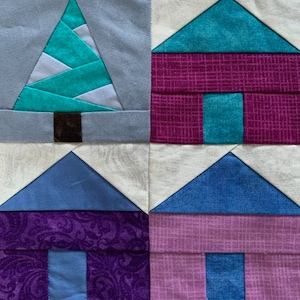 May include: A quilt block featuring a blue, green and purple patchwork design. The block depicts a tree, a house and a geometric pattern.
