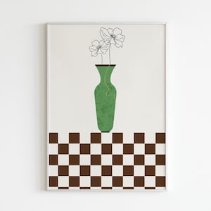 Póster de jarrón de flores a cuadros, arte de pared, arte de pared de diseñador, moderno, póster de moda, póster de diseñador, regalos, impresiones enmarcadas y solo impresiones
