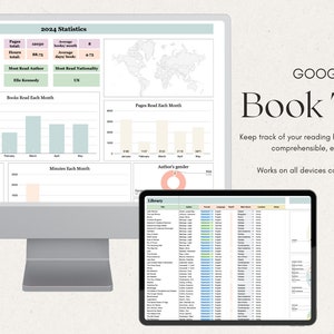Google Sheets Book Tracker, Diario di lettura, Monitoraggio audiolibri, Panoramica biblioteca, Statistiche di lettura