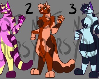 May include: Three digital illustrations of cartoon cats with different color schemes. The first cat is pink and yellow with purple stripes. The second cat is brown and orange with black spots. The third cat is blue and white with black stripes.