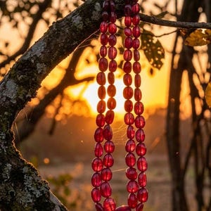 May include: A double-strand necklace featuring smooth, oval-shaped, translucent deep red beads. The beads are strung on a cord and hang vertically, displaying a consistent size and polished finish throughout the length of the two strands.