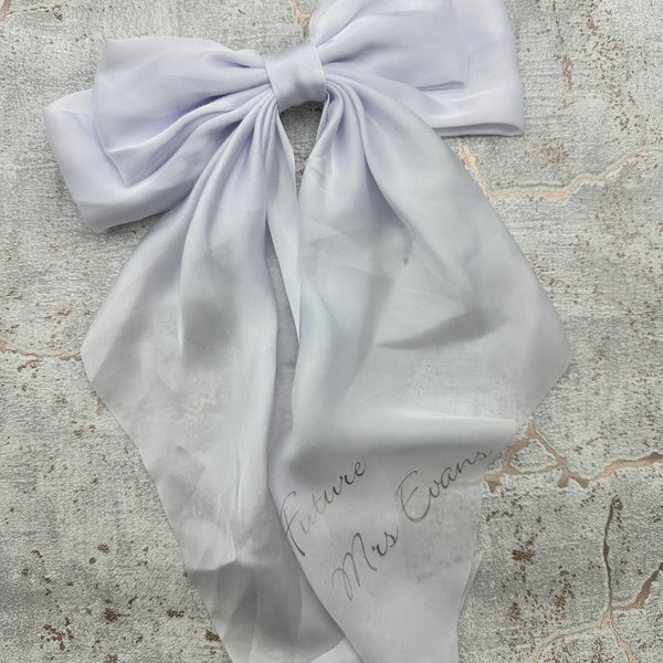 Personalised white clip in future mrs waterfall bow, bride to be hair accessories, hen party gifts