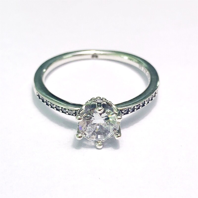 Clear Sparkling Crown Solitaire Ring, Sterling silver