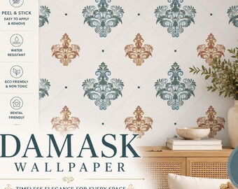 Vintage Damask Wallpaper | Fleur De Lis Peel and Stick Pattern | Retro Mid Century Decor | Teal and Rust Removable Wallpaper