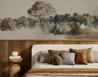 Vintage Landscape Wallpaper | Watercolor Forest Mural | Neutral Nature Wall Decor | Scenic Peel and Stick Wallpaper | Cottagecore Wall Art