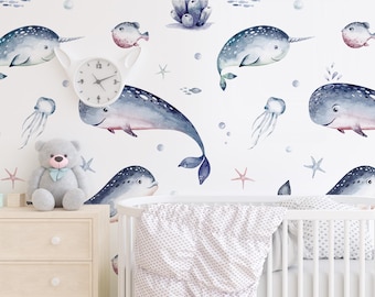 Whale Wallpaper | Ocean Nursery Wallpaper | Nautical Kids Room Decor | Underwater Animal Wallpaper | Sea Life Wall Decor