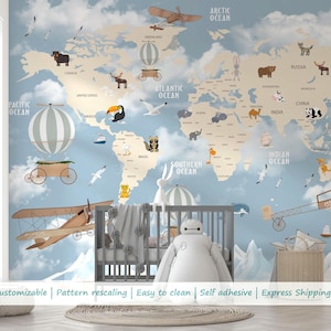 Weltkarte Wallpaper für Kinder | Tierkarte schälen und aufkleben Wallpaper | Tier & Flugzeug Wandbild | Edukative Kinderzimmer Wand Dekoration