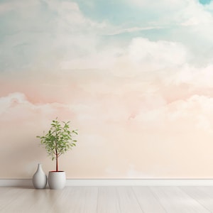 Carta da parati murale con cielo e nuvole pastello / Carta da parati adesiva con sfumature rosa e blu / Carta da parati per cameretta con tramonto da sogno / Decorazione murale con nuvole morbide