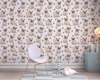 Papel pintado de Pug juguetón / Diseño divertido de dibujos animados con huellas de patas para dormitorios infantiles y decoración con temática de mascotas / Arte de pared de Pug para guardería
