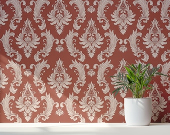 Terracotta Damask Wallpaper | Vintage Floral Wallpaper | Rust Red Peel and Stick Wallpaper | Traditional Wall Decor | Removable Wallpaper