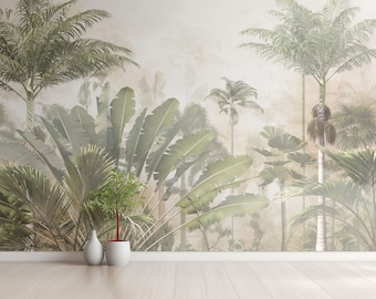 Vintage Tropical Wallpaper Mural | Neutral Palm Leaf Peel and Stick Wall Art