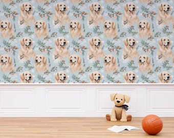 Golden Retriever Dog Wallpaper Cute Floral Puppy Print for Nursery, Kids Room Decor, Adorable Pet Wall Art, Playroom Decor Pet Lover gift