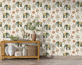 Indian Elephant Wallpaper | Boho Paisley Peel and Stick Wallpaper | Exotic Animal Wall Decor | Indian Folk Art Wallpaper