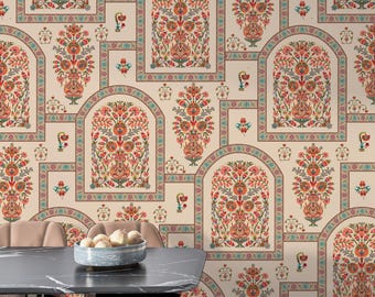 Indian Block Print Wallpaper | Floral Peel and Stick Wallpaper | Heritage Wall Decor | Maximalist Vintage Wallpaper