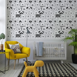 Playful Puppy Faces Wallpaper | Removable Dog Wall Art for Nursery & Playroom | Black and White Peel and Stick Animal Mural