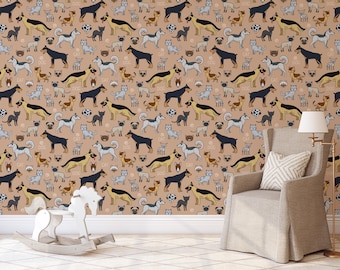 Cute Dog and Cat Peel and Stick Wallpaper | Kids Animal Wallpaper | Nursery Pet Wall Mural | Removable Cartoon Animal Wall Decor