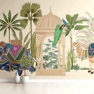 Luxury Indian Wallpaper | Hand painted Royal Elephant Wall Decor | Traditional Indian art Wallpaper for Living Room and Office