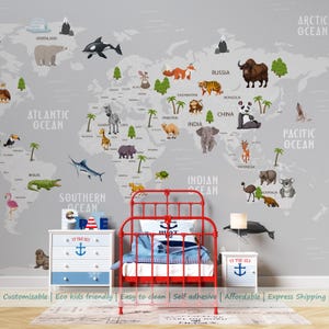 Weltkarte Kinderzimmer Wandbild, Kinderzimmer Wandtattoo, Kinderzimmer abnehmbare Tapete zum Schälen und Aufkleben, Weltkarte Wandpapier, Tapete Kinderzimmer Wandkunst