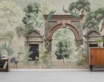 Jaipur Garden Indian Wallpaper| Historic Archway Peel and Stick Mural | Vintage Peacock Removable Wallpaper | Indian Heritage Decor