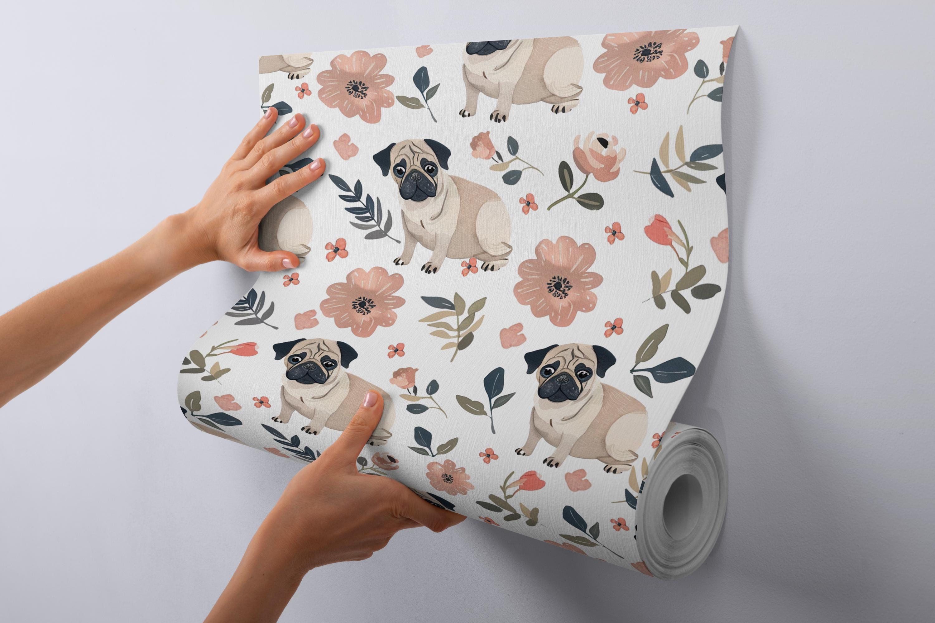 Adorable Pug Dog Floral Wallpaper | Cute Pet & Flower Pattern Removable ...