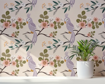 Purple Bird Floral Wallpaper | Peel and Stick Botanical Wallpaper | Vintage Bird Pattern Wallpaper | Cottagecore Removable Wallpaper