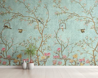 Blue Chinoiserie Wallpaper Peel and Stick | Vintage Floral Bird Wall Mural | Removable Bedroom Wallpaper | Renter Friendly Decor