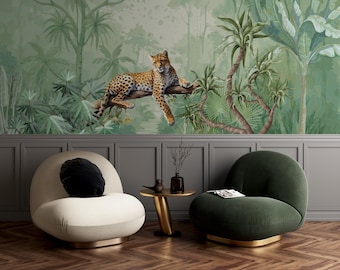 Leopard Jungle Wallpaper Mural | Tropical Forest Wall Art | Safari Animal Statement Wall | Luxury Nature Wallpaper