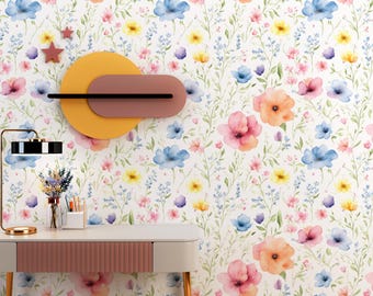 Colorful Watercolor Floral Peel and Stick Wallpaper | Vintage Botanical Wall Mural | Removable Cottagecore Wall Decor | Self Adhesive