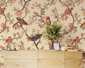 Vintage Chinoiserie Wallpaper Peel and Stick | Beige Floral Bird Wallpaper | Renter Friendly Removable Wall decor