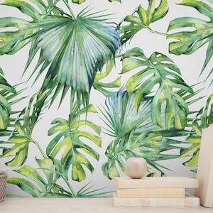 Carta da parati tropicale con foglie, murale con foglie di palma, carta da parati botanica Monstera, carta da parati giungla, carta da parati staccabile e adesiva con motivo naturale, arte murale