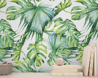 Tropical Leaf Wallpaper | Palm & Monstera, Nature Peel and Stick Wall Art