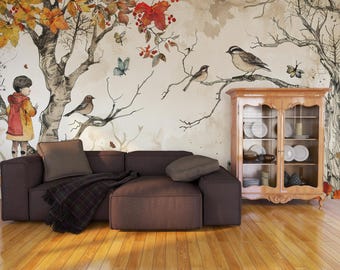 Vintage Storybook Wall Mural | Chinoiserie Bird Wallpaper | Autumn Nature Wallpaper | Artistic Landscape Wall Decor | Peel and Stick