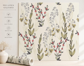 Wildflower Botanical Wallpaper Peel and Stick | Vintage Floral Wallpaper | Meadow Flower Wall Decor | Removable Cottagecore Wallpaper