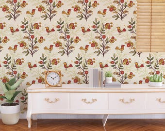 Scandinavian Folk Bird Wallpaper | Retro Floral Peel and Stick Wallpaper | Nordic Botanical Wallpaper | Vintage Bird Pattern