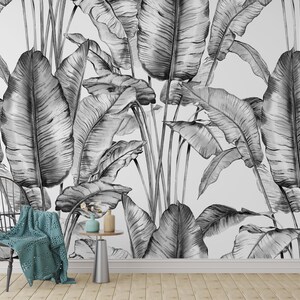 Black and White Banana Leaf Wallpaper | Tropical Jungle Mural | Peel ...