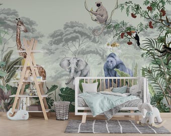 Safari Nursery Wallpaper Mural | Jungle Animal Wall Decor | Giraffe Elephant Gorilla Kids Room Wallpaper | Neutral Baby Room Wall Mural