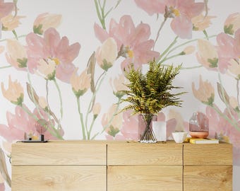 Pink Watercolor Floral Wallpaper | Peel and Stick Flower Wallpaper | Shabby Chic Removable Wallpaper | Feminine Bedroom Decor