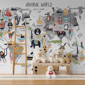 Weltkarte Tier Wallpaper | Kinderzimmer Wandbild | Süßer illustrierter Aufkleber mit der Weltkarte | Edukative Kinderzimmer Wand Dekoration