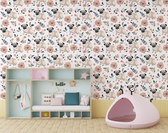 Papel pintado floral de perro carlino / Decoración de habitación infantil desprendible y adhesiva