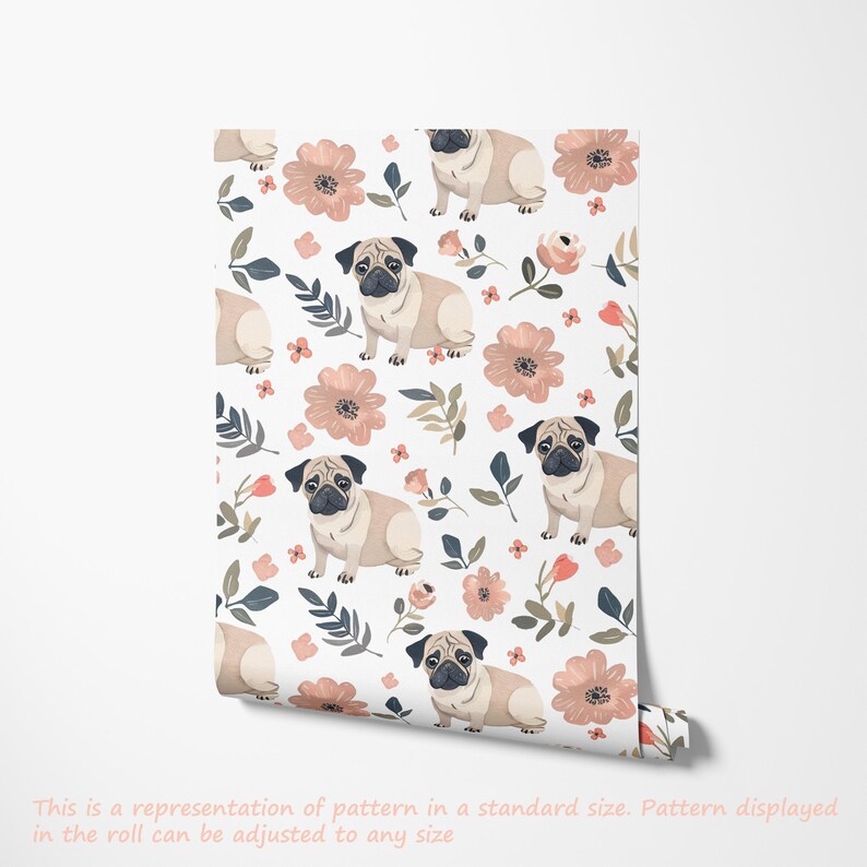 Adorable Pug Dog Floral Wallpaper | Cute Pet & Flower Pattern Removable ...