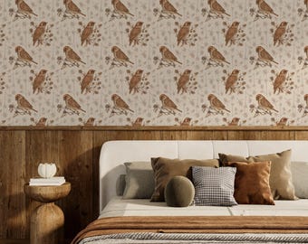 Beige Bird Floral Peel and Stick | Chinoiserie Bird Wallpaper | Vintage Botanical Wallpaper | Removable Wall Decor