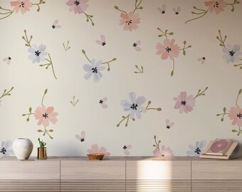Pastel Blue Pink Floral Wallpaper | Ditsy Flower Peel and Stick | Whimsical Nursery Decor | Removable
