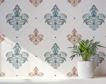 Blue Damask Wallpaper Peel and Stick | Vintage French Damask Wallpaper | Elegant Removable Wallpaper | Farmhouse Wall Decor