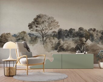 Watercolor Landscape Wallpaper | Dark Tropical Wall Decor | Vintage Forest Wallpaper | Peel and Stick Mural | Removable Cottagecore Wall Art