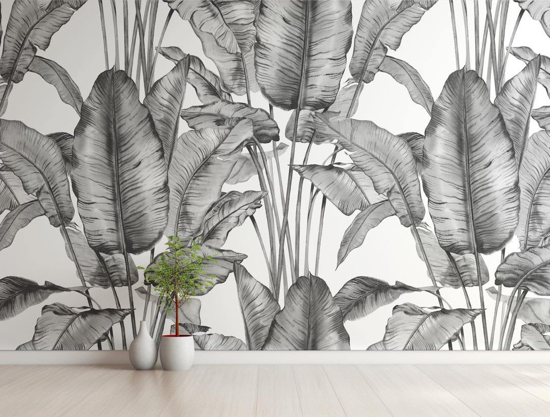 Black and White Banana Leaf Wallpaper | Tropical Jungle Mural | Peel ...