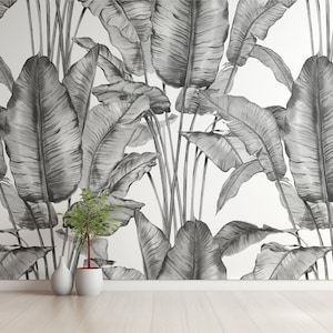 Carta da parati con foglie di banana - Carta da parati tropicale in bianco e nero, carta da parati botanica minimalista con giungla, moderna arte murale naturalistica