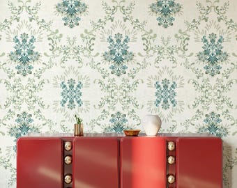 Blue Green Damask Wallpaper Peel and Stick | Vintage French Country Wallpaper | Elegant Baroque Wallpaper | Removable Wall Decor