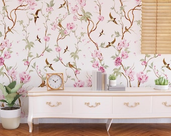 Cherry Blossom Chinoiserie Wallpaper | Pink Floral Bird Peel and Stick Removable Wallpaper | Cottagecore Wall Art | Renter friendly